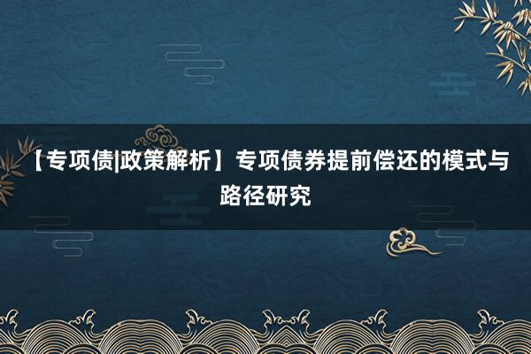 【专项债|政策解析】专项债券提前偿还的模式与路径研究