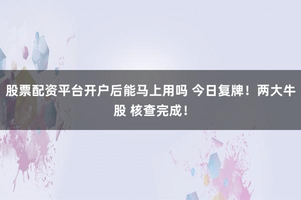 股票配资平台开户后能马上用吗 今日复牌！两大牛股 核查完成！